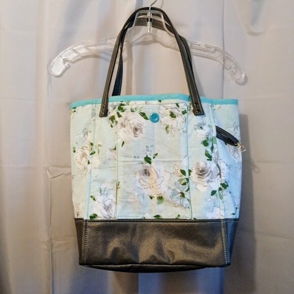New Boho Roses Floral Tote Shopper shoulder Bag Blue Gray Double handle Carryall - Picture 1 of 12